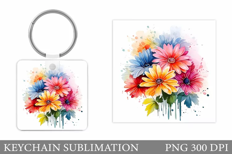Gerbera Keychain Sublimation. Colorful Flowers Keychain