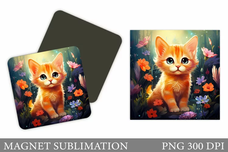 Cat Flowers Magnet Sublimation. Cute Cat Square Magnet