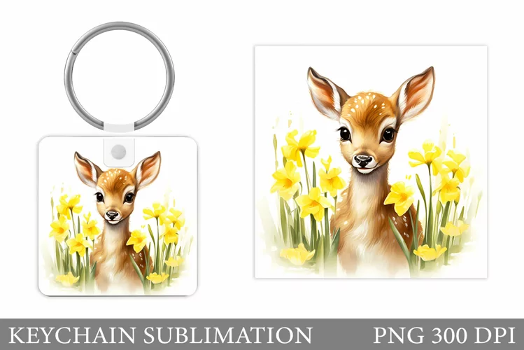 Cute Deer Keychain Design. Deer Flowers Keychain