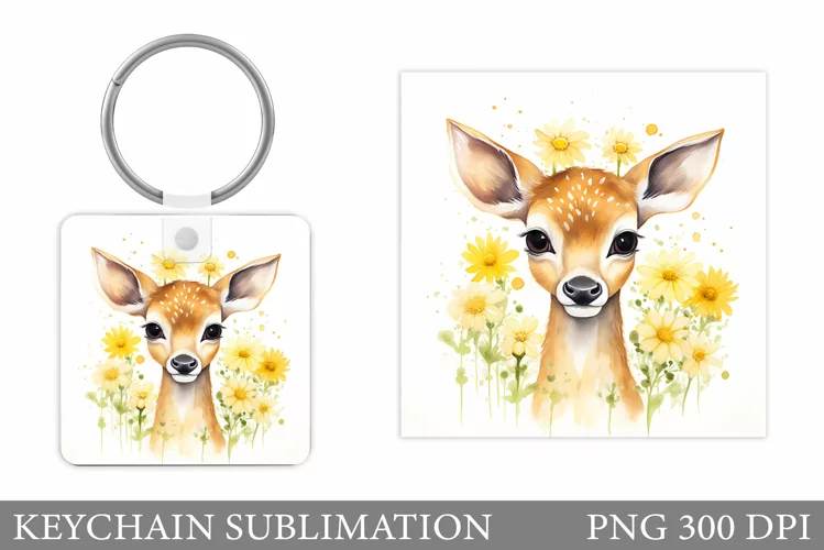 Cute Deer Keychain Design. Flowers Keychain Sublimation
