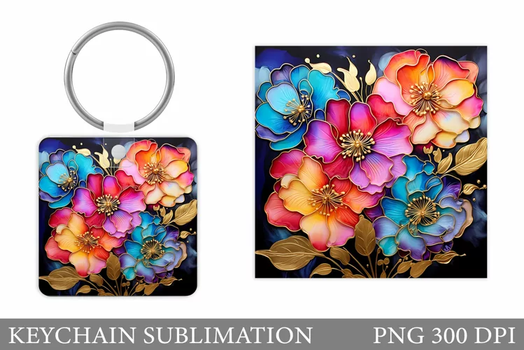 Flowers Keychain Design. Flowers Square Keychain Sublimation