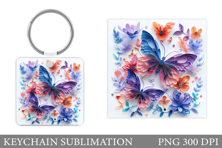 Butterflies Keychain Design. Square Keychain Butterflies