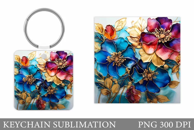 Flowers Keychain Sublimation. Square Keychain Flowers