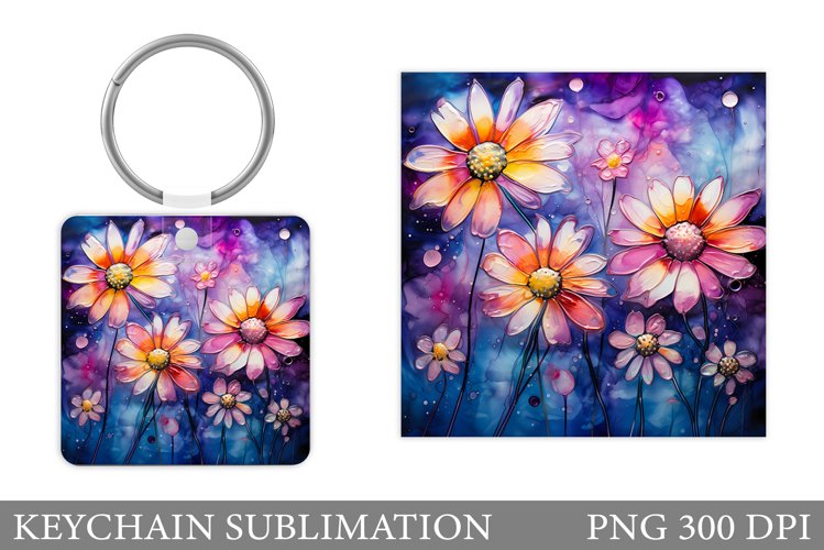 Daisy Flowers Keychain. Square Keychain Flowers Sublimation