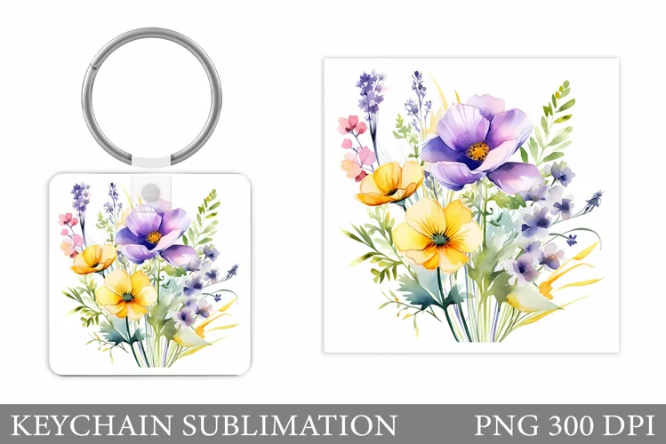 Wildflowers Keychain Design. Square Keychain Flowers