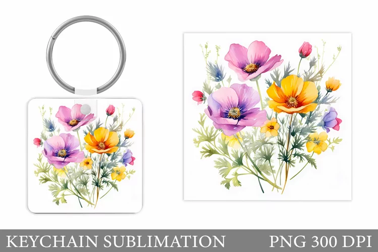 Wildflowers Keychain Design. Square Keychain Flowers