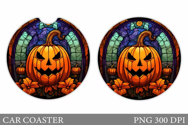 Pumpkin Stained Glass Car Coaster. Halloween Car Coaster