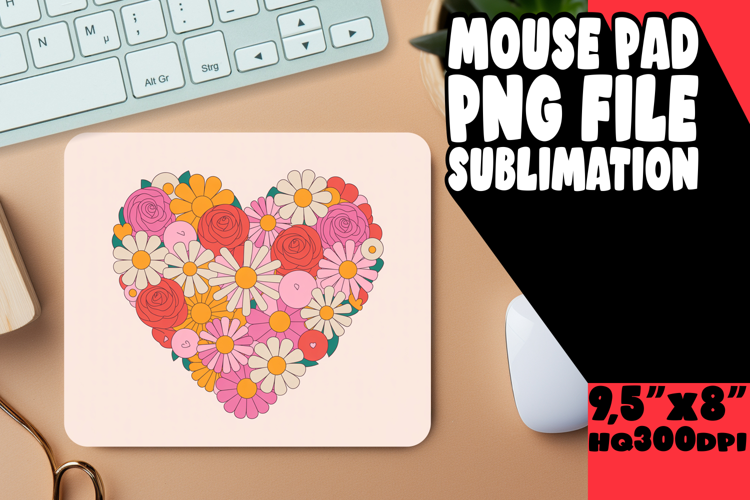 Playful Mouse Mat Sublimation PNG, Flowers Heart