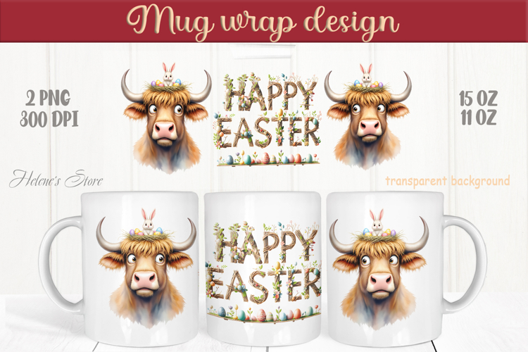 Easter highland cow with bunny mug wrap sublimation design