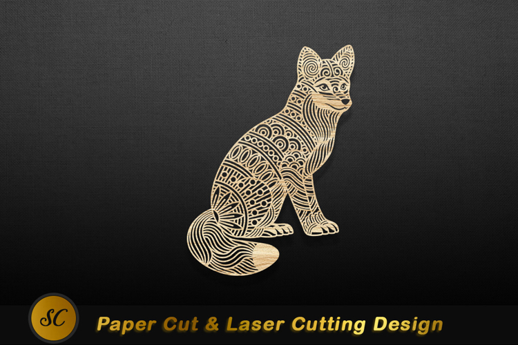 Intricate wooden fox silhouette with geometric patterns