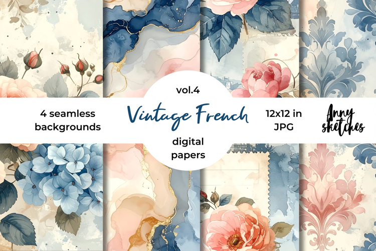 Vintage French Digital Paper Watercolor Seamless Patterns