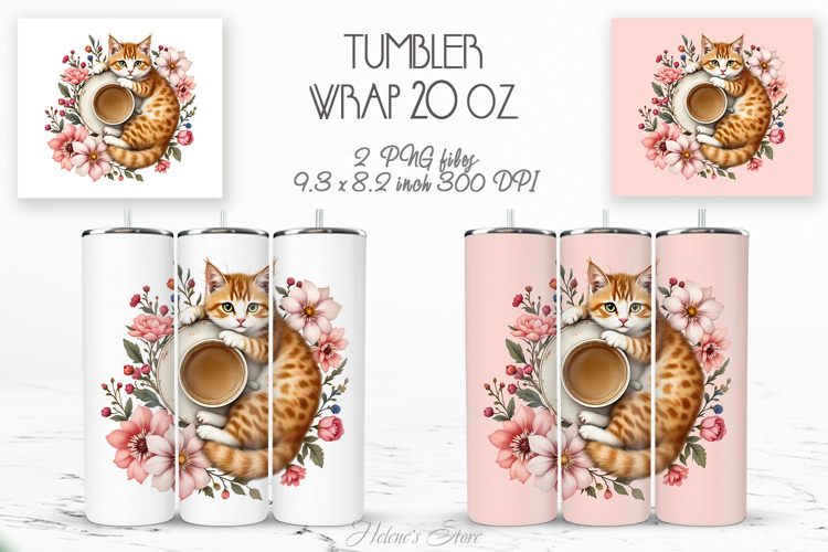 Cute cat and coffee cup straight tumbler 20oz wrap designs
