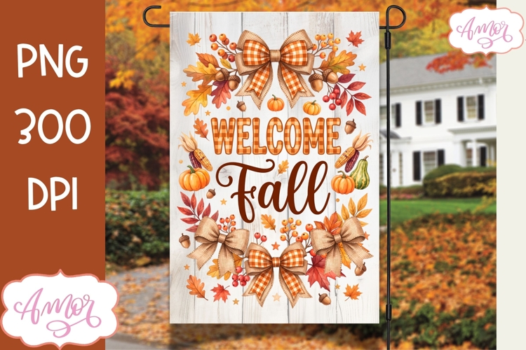 Welcome fall garden flag sublimation design, Fall pumpkins