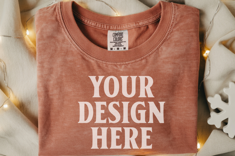Brick Comfort Colors 1717 Christmas Folded T-Shirt Mockup
