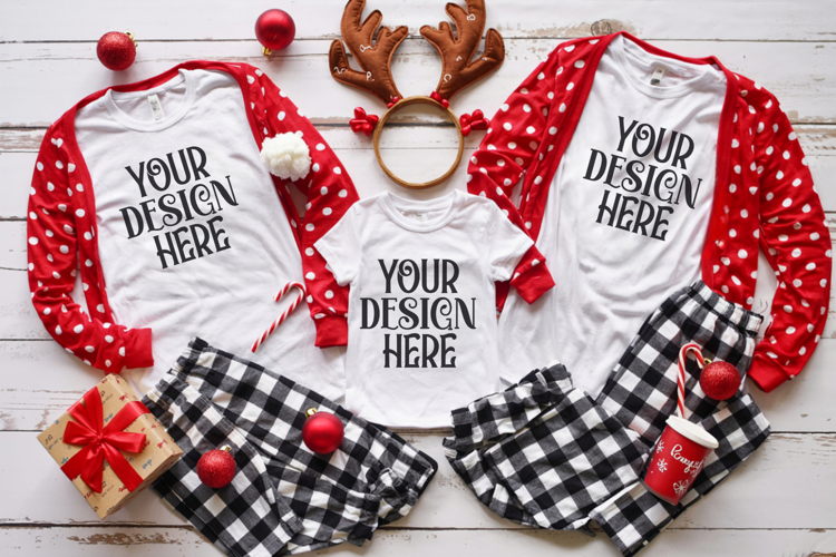 Christmas Family Matching Shirt Mockup | Cozy Boho Flat Lay