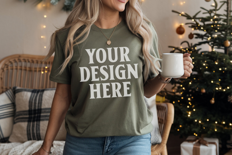 Comfort Colors 1717 Moss Christmas T-Shirt Mockup, Boho