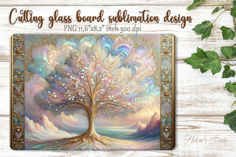Pastel Iridescent Gold Tree glass kitchen cutting board PNG