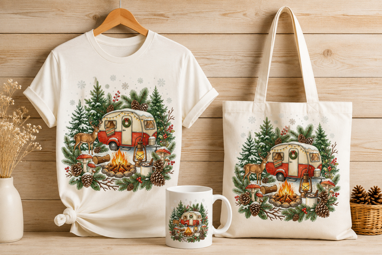 Cozy Winter Camper and Deer Watercolor Holiday Art PNG