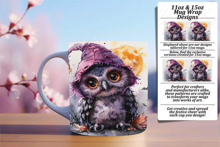 Watercolor Owl Mug Wrap for Spring 11oz 15oz Sublimation