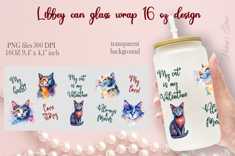 Cute Valentines cat pattern Libbey Can Glass Wrap 16oz desig