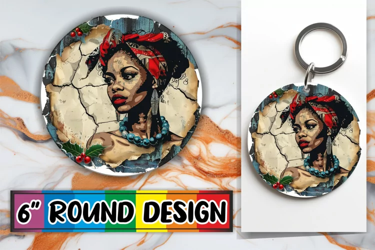 Woman Portrait Winter Holiday Round Design Keychain