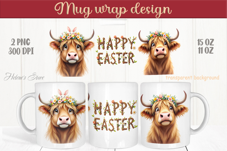 Easter highland cow with bunny mug wrap sublimation design