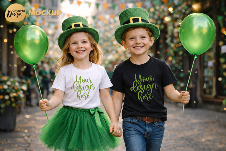 St Patrick Day Kids T Shirt Mockup Two Designs White Black
