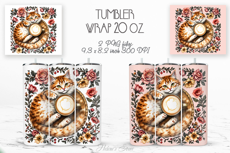 Cute cat and coffee cup straight tumbler 20oz wrap designs