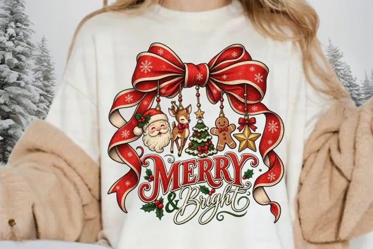 Merry and Bright Christmas Bow PNG, Vintage Holiday Santa