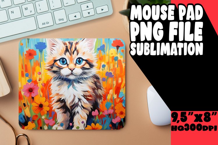 Vibrant Cat and Flowers Mouse Pad Design PNG