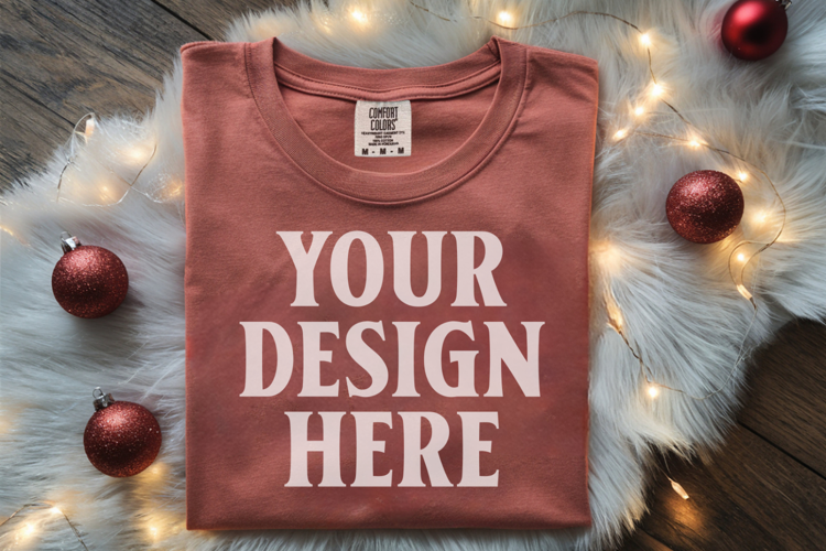 Brick Comfort Colors 1717 Christmas Folded T-Shirt Mockup
