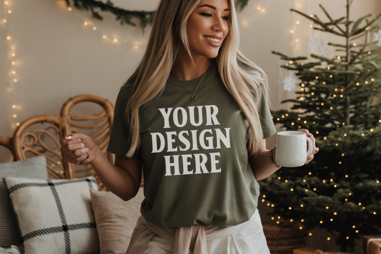 Comfort Colors 1717 Moss Christmas T-Shirt Mockup, Boho