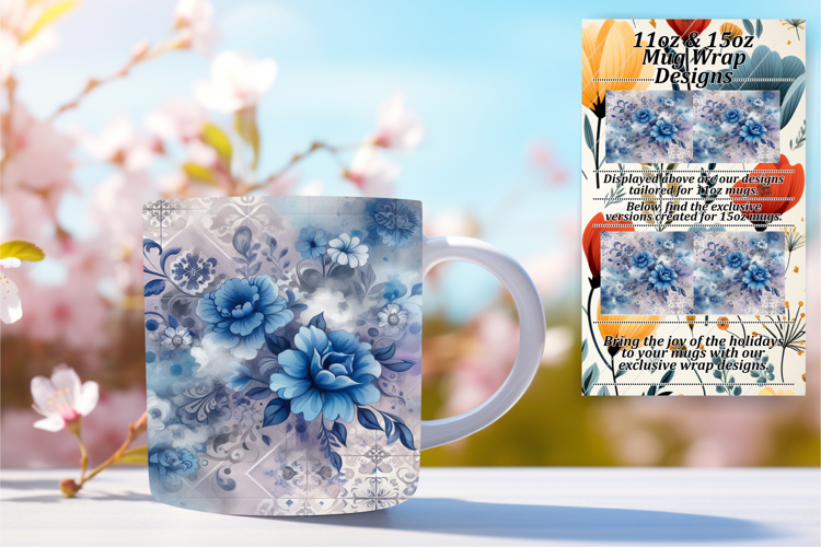 Floral 15oz Mug Wrap Png Design , Watercolor Patter