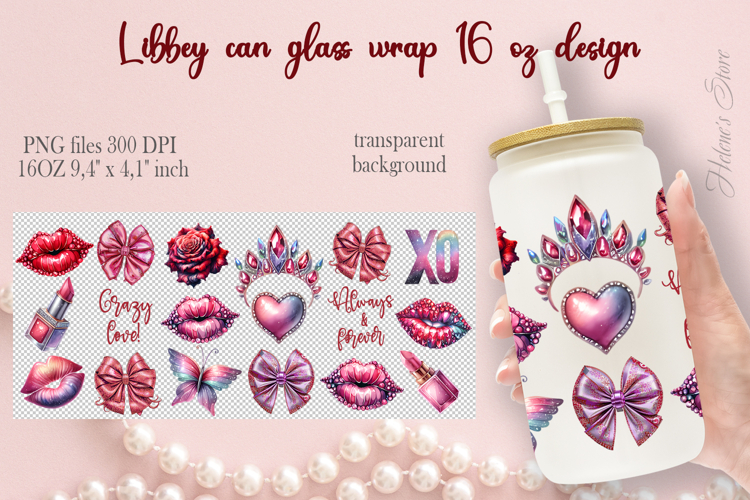 Valentines beauty pattern Libbey Can Glass Wrap 16oz design