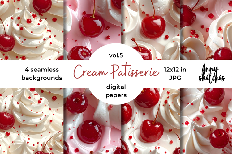 Cream and Cherry Digital Paper Kit Rococo Patterns