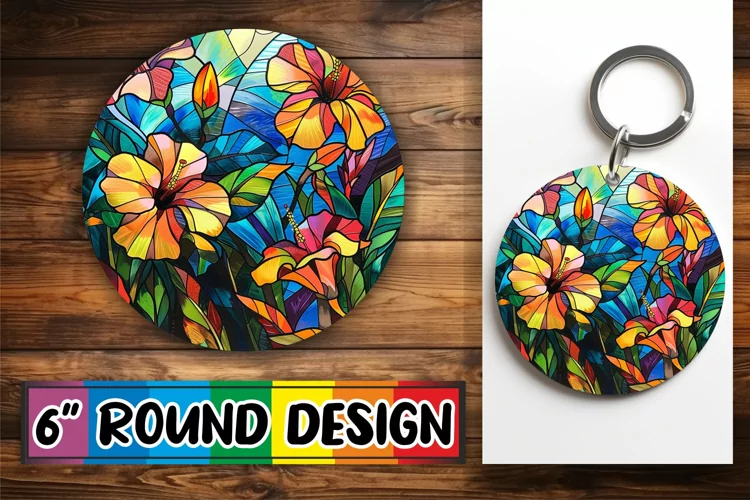 Stained Glass Tree Keychain Colorful Round Design Sublimatio
