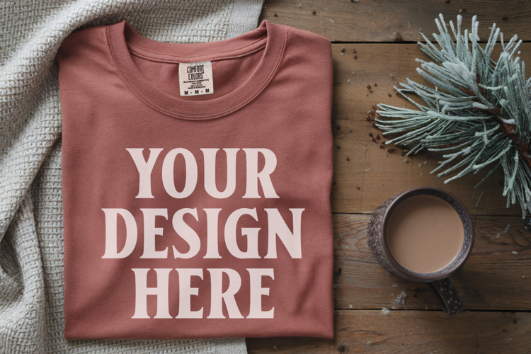 Brick Comfort Colors 1717 Christmas Folded T-Shirt Mockup