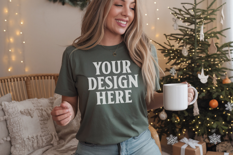 Comfort Colors 1717 Moss Christmas T-Shirt Mockup, Boho