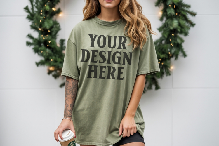 Christmas Comfort Colors 1717 Moss TShirt Mockup, CC 1717