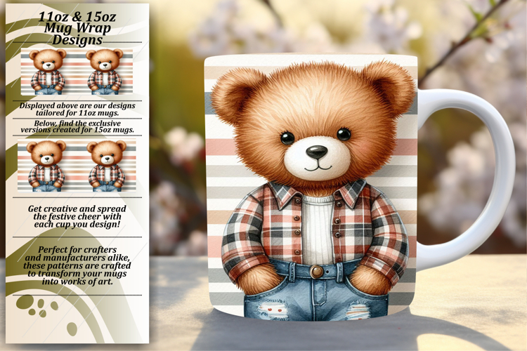 Floral 11oz Mug Wrap Png Template , Teddy Bear