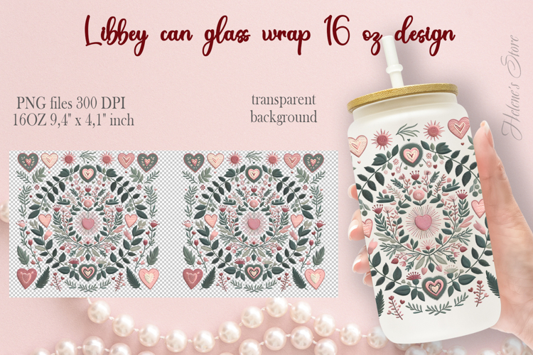 Boho Valentine pattern Libbey Can Glass Wrap 16oz design png
