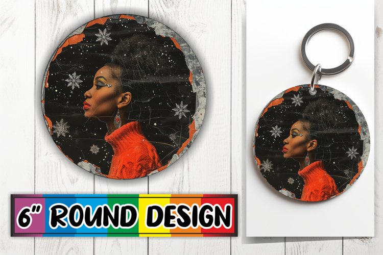 Holiday Keychain Round Design with Winter Woman Portrait example image 1
