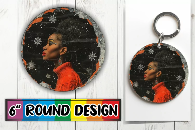 Holiday Keychain Round Design with Winter Woman Portrait