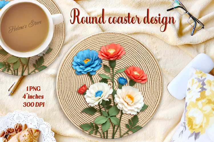 Delicate vintage floral round coaster sublimation design png