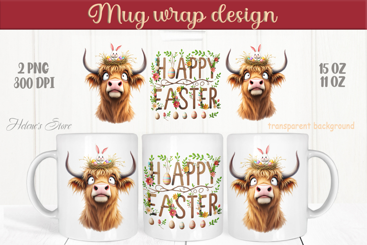 Easter highland cow with bunny mug wrap sublimation design