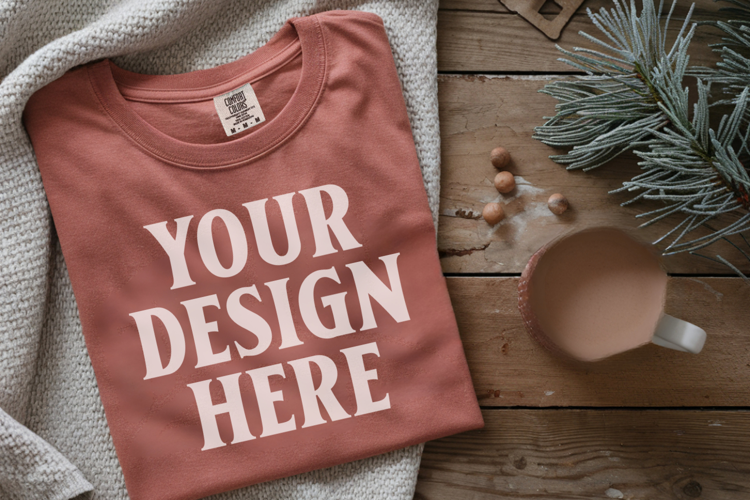 Brick Comfort Colors 1717 Christmas Folded T-Shirt Mockup