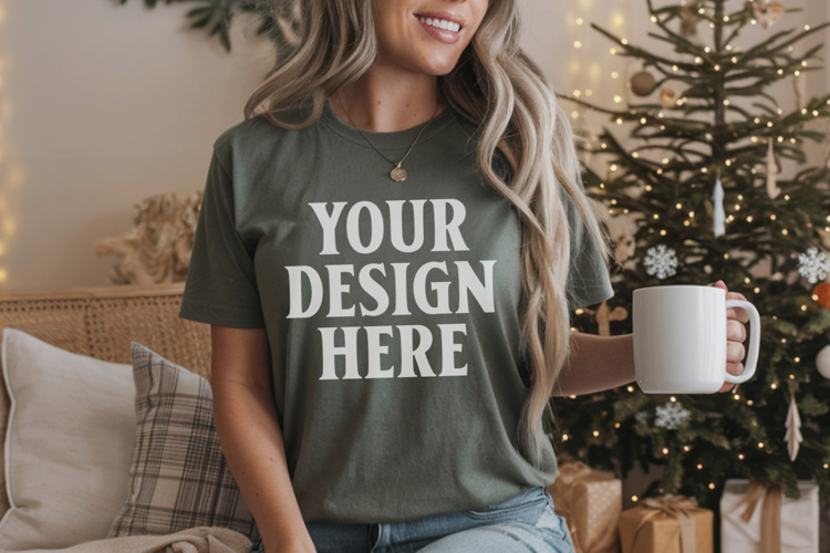 Comfort Colors 1717 Moss Christmas T-Shirt Mockup, Boho