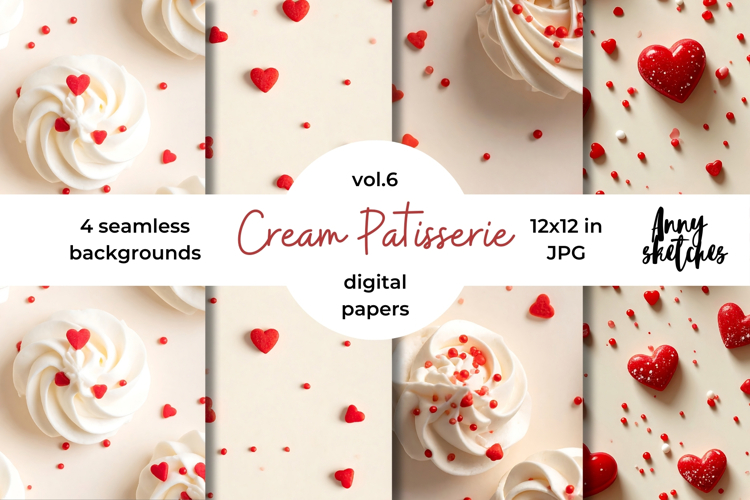 Cream and Cherry Digital Paper Kit Rococo Patterns