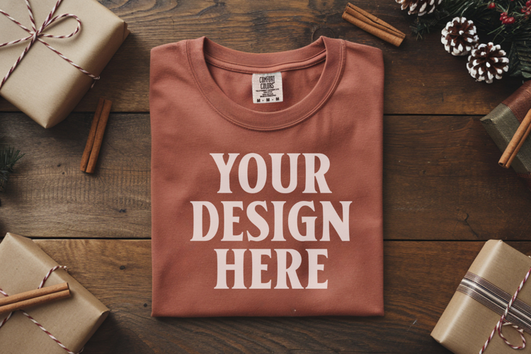 Brick Comfort Colors 1717 Christmas Folded T-Shirt Mockup