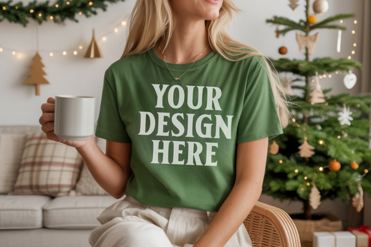 Comfort Colors 1717 Moss Christmas T-Shirt Mockup, Boho